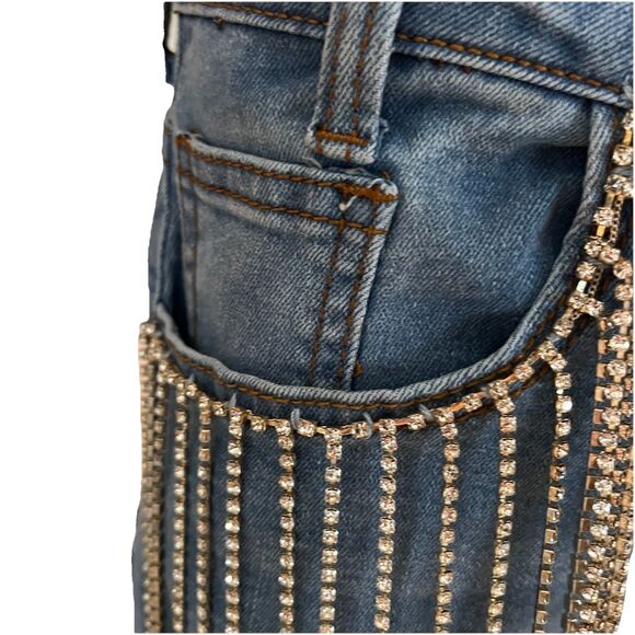 Hot & Delicious Rhinestone Fringe Jeans Y2K Inspired Distressed Womens Small NWT - Picture 4 of 16